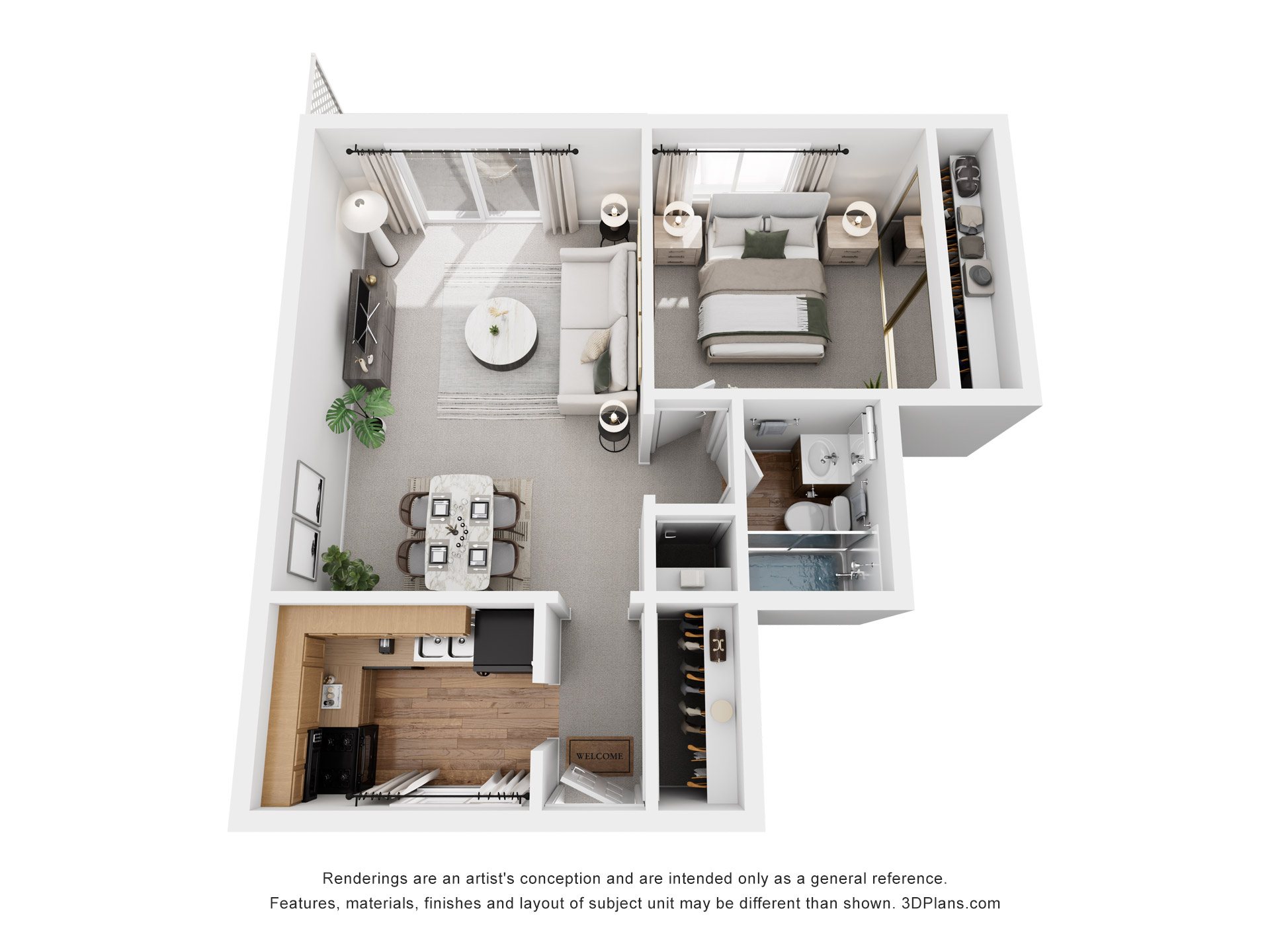 Floor plan for studio, 1 bath, 566 sqft